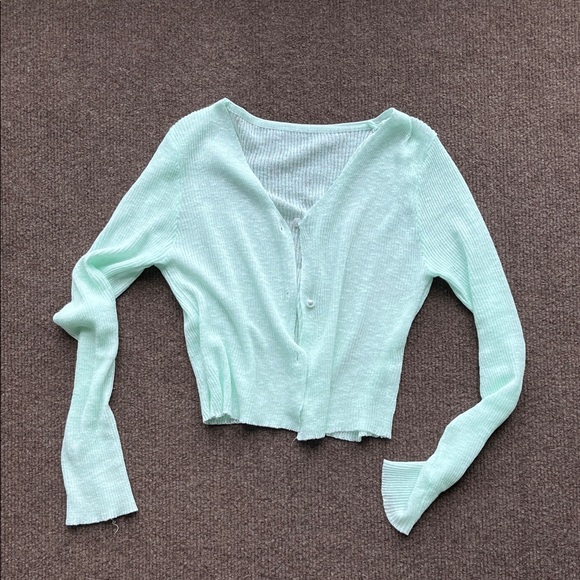 Tops - Cropped Mint Green Ribbed Button-Front Top
